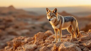 Arabian Wolf on rocks