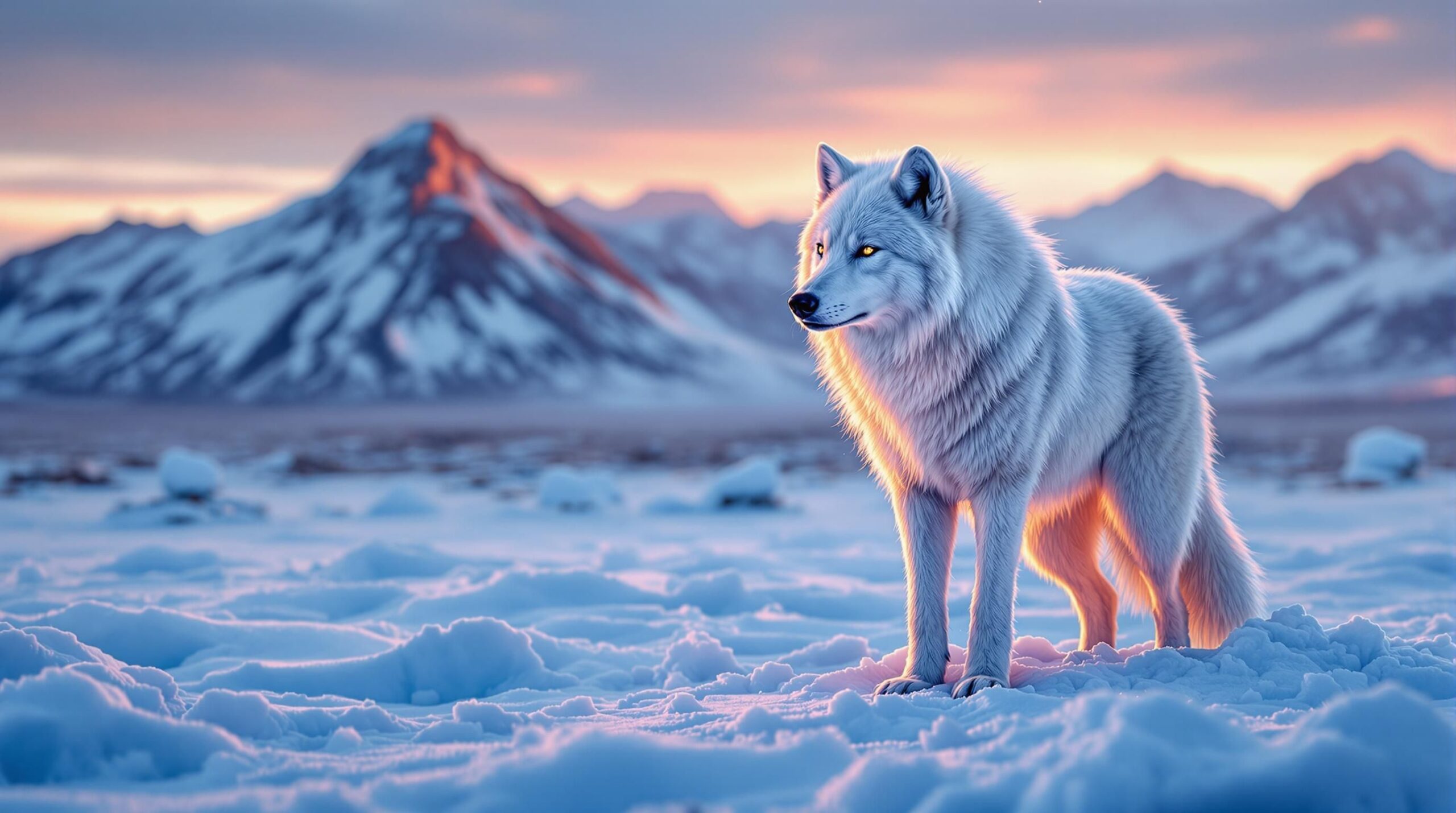 Arctic wolf at sunset