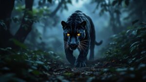 Black Jaguar stalking in the jungle