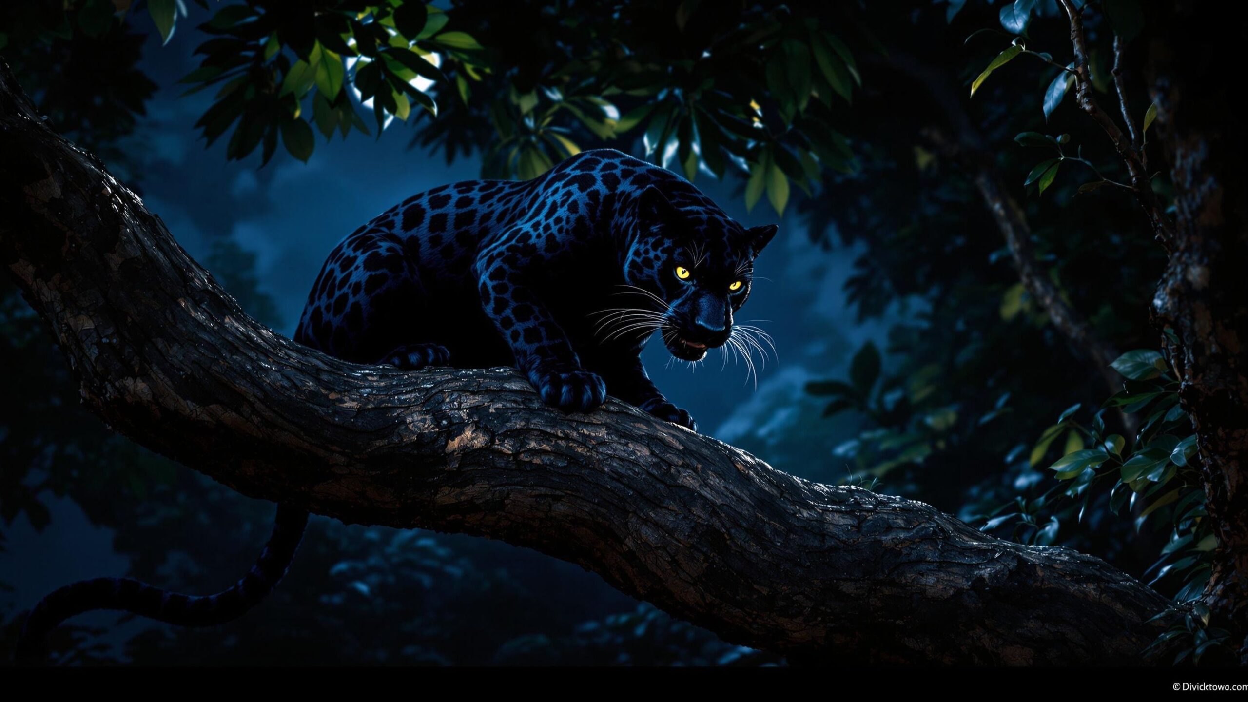 Black jaguar perched on tree