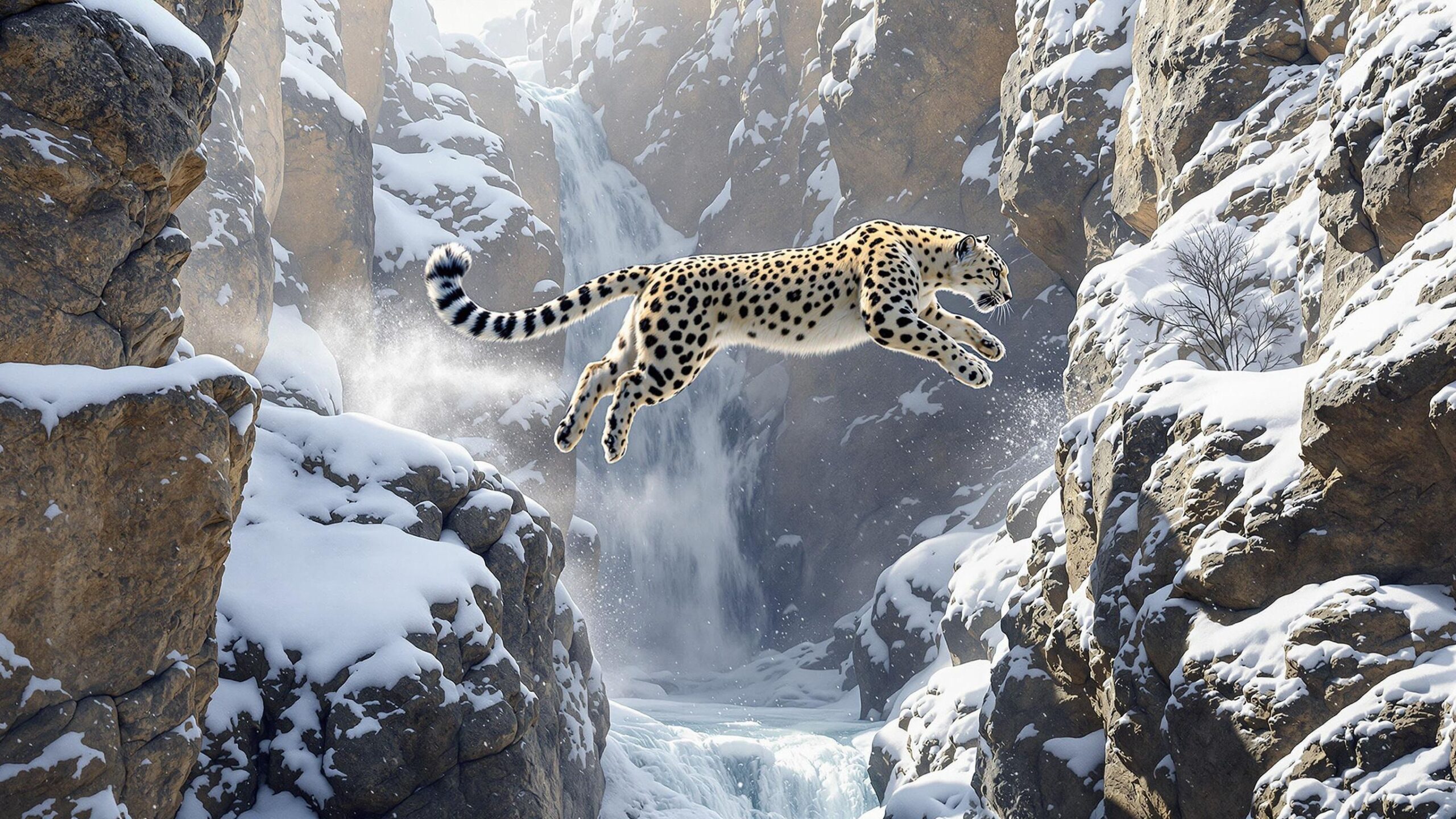 Central Asian snow leopard mid jump