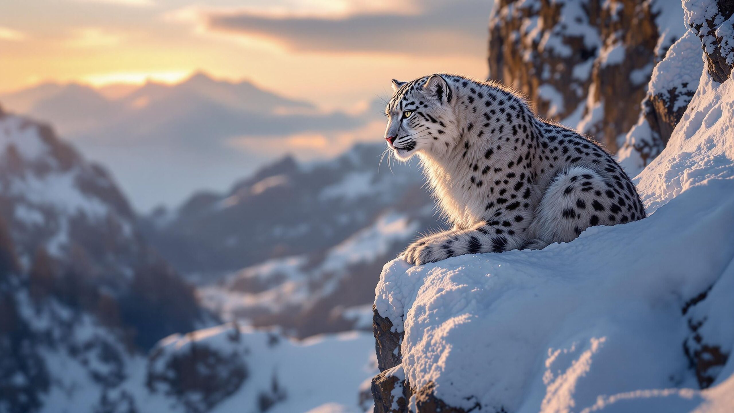 Central Asian snow leopard on cliff