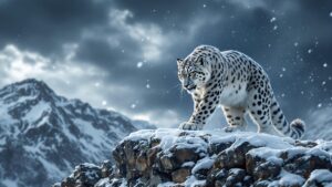 Central Asian snow leopard on mountain