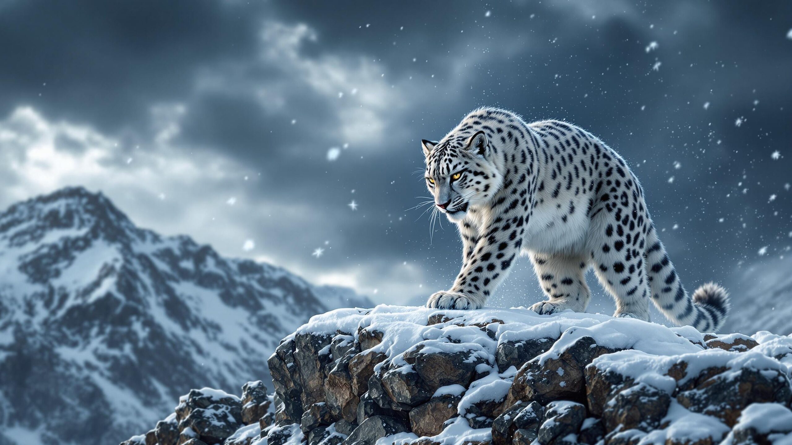 Central Asian snow leopard on mountain
