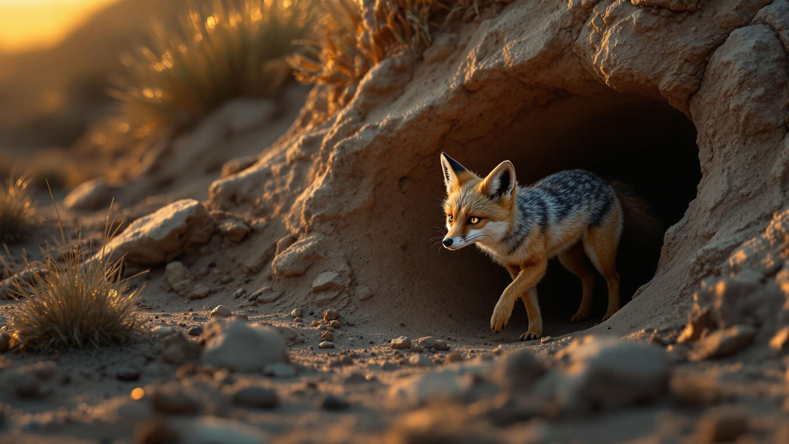 Corsac fox leaving burrow