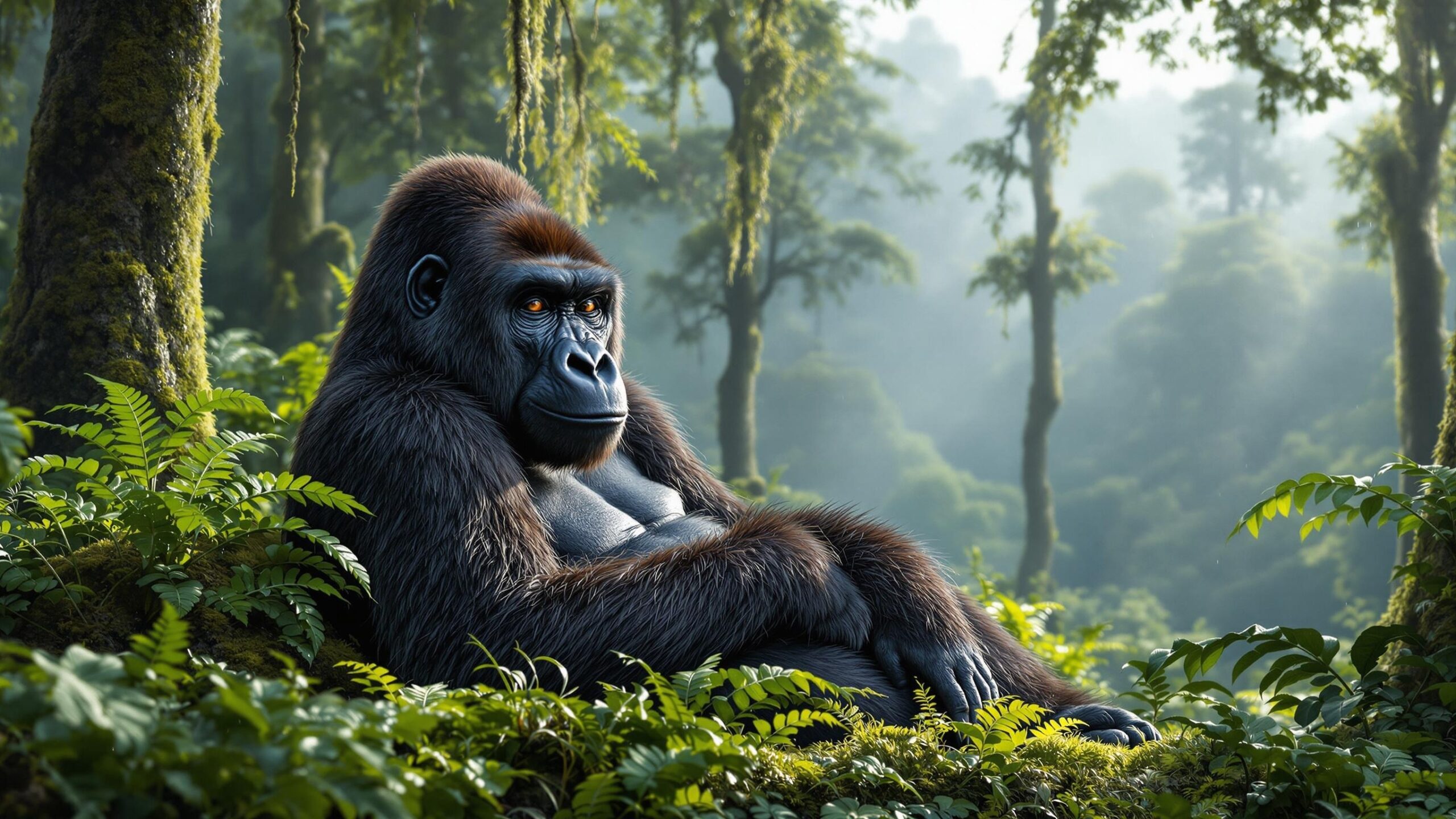 Eastern gorilla sitting against tree