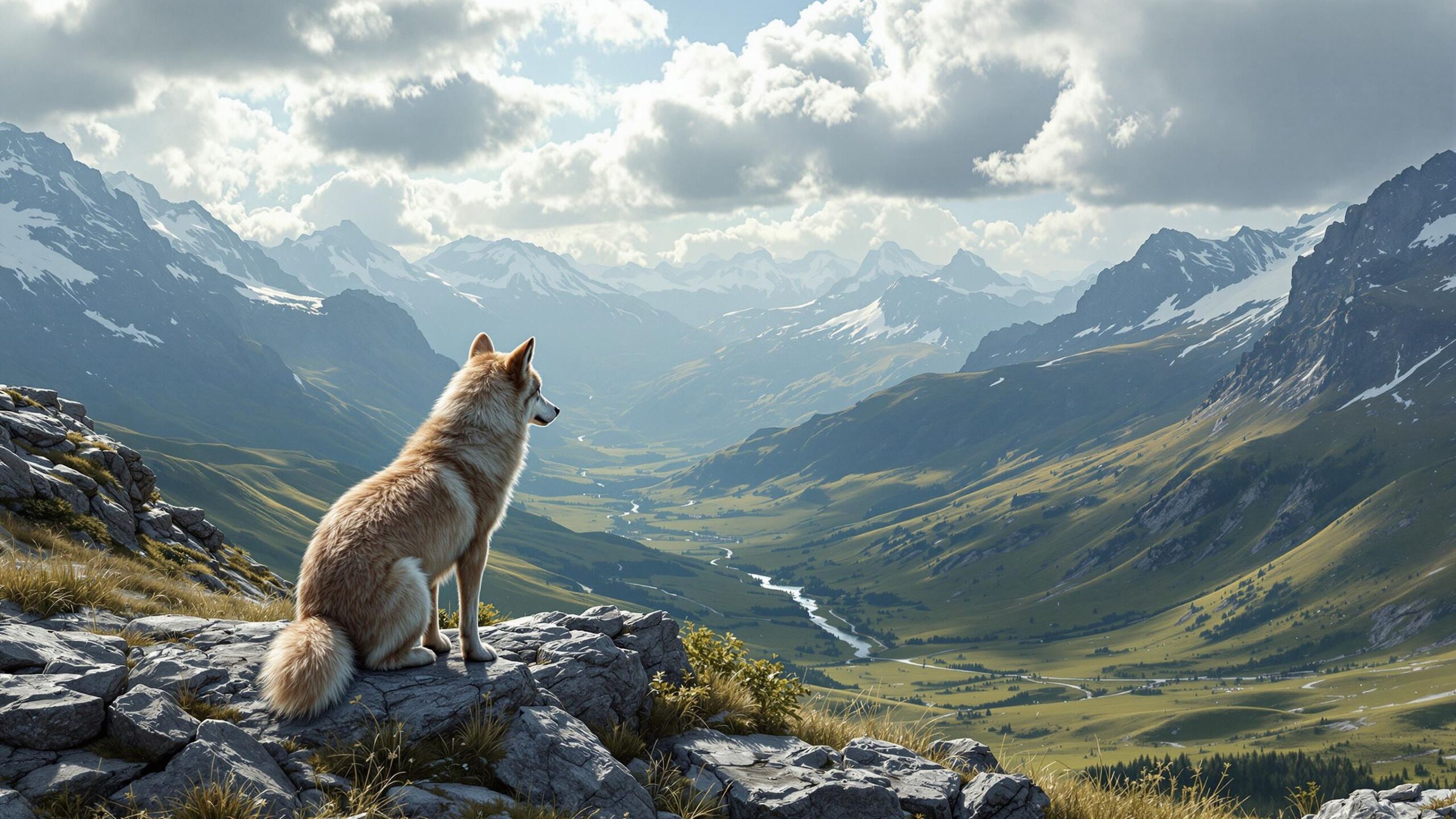 Eurasian wolf looking over a valley