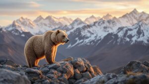 Himalayan brown bear on rocks