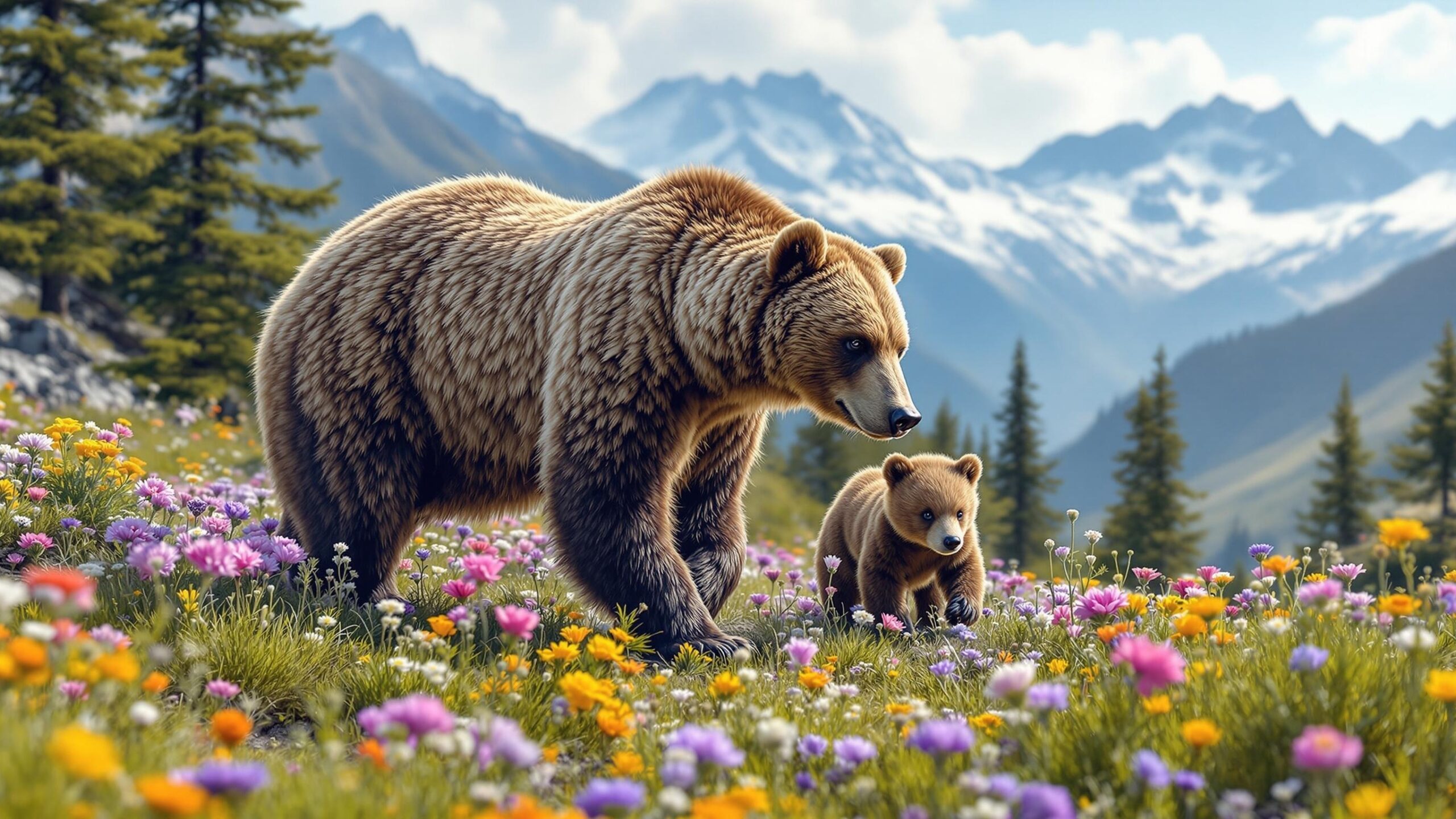 Himalayan brown bear with cub