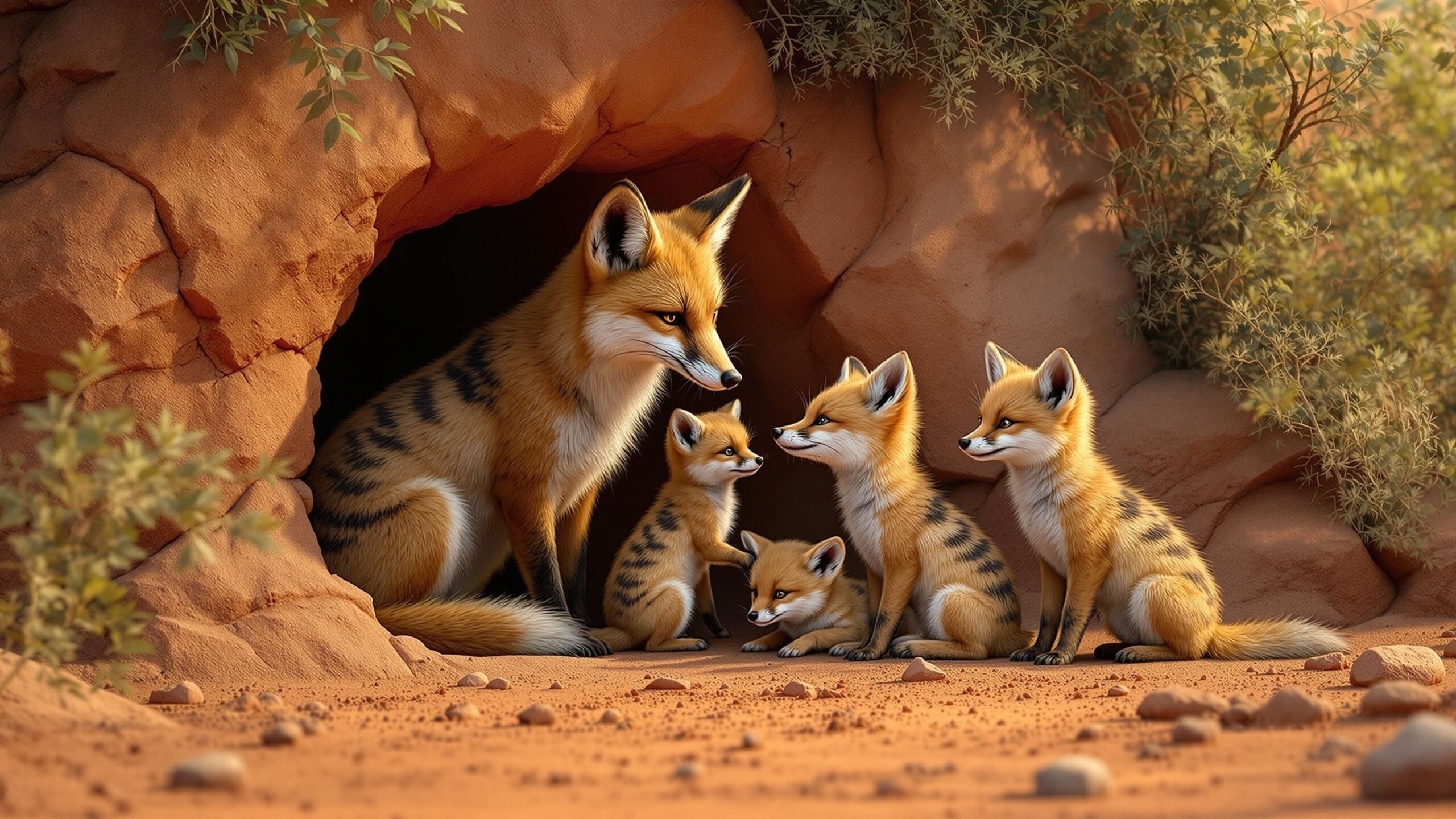 Hoary Fox with cubs
