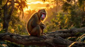 Mandrill on tree branch