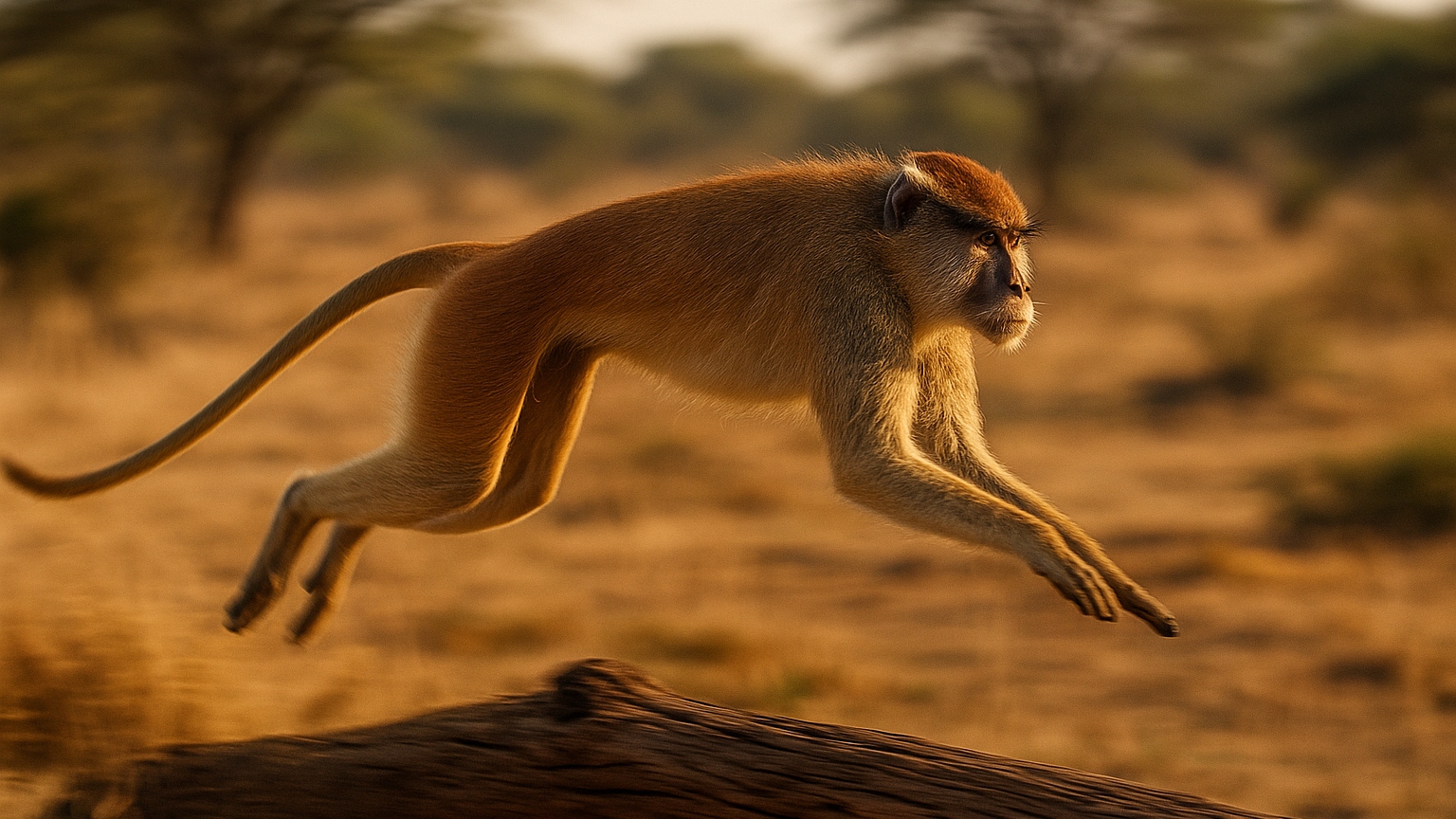 Patas monkey jumping over log
