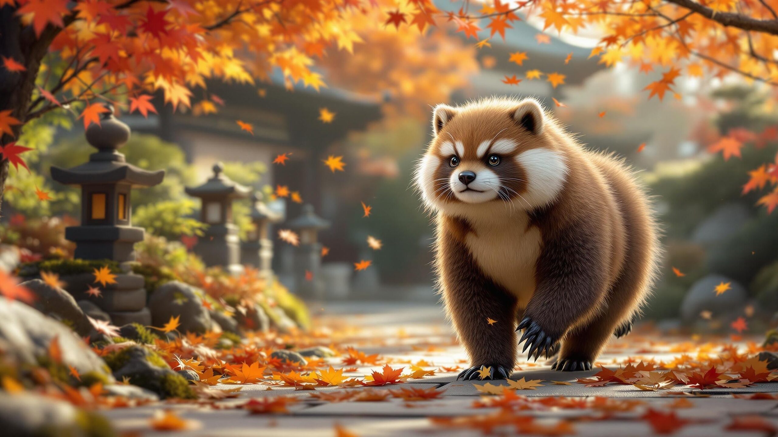 Raccoon dog in the fall