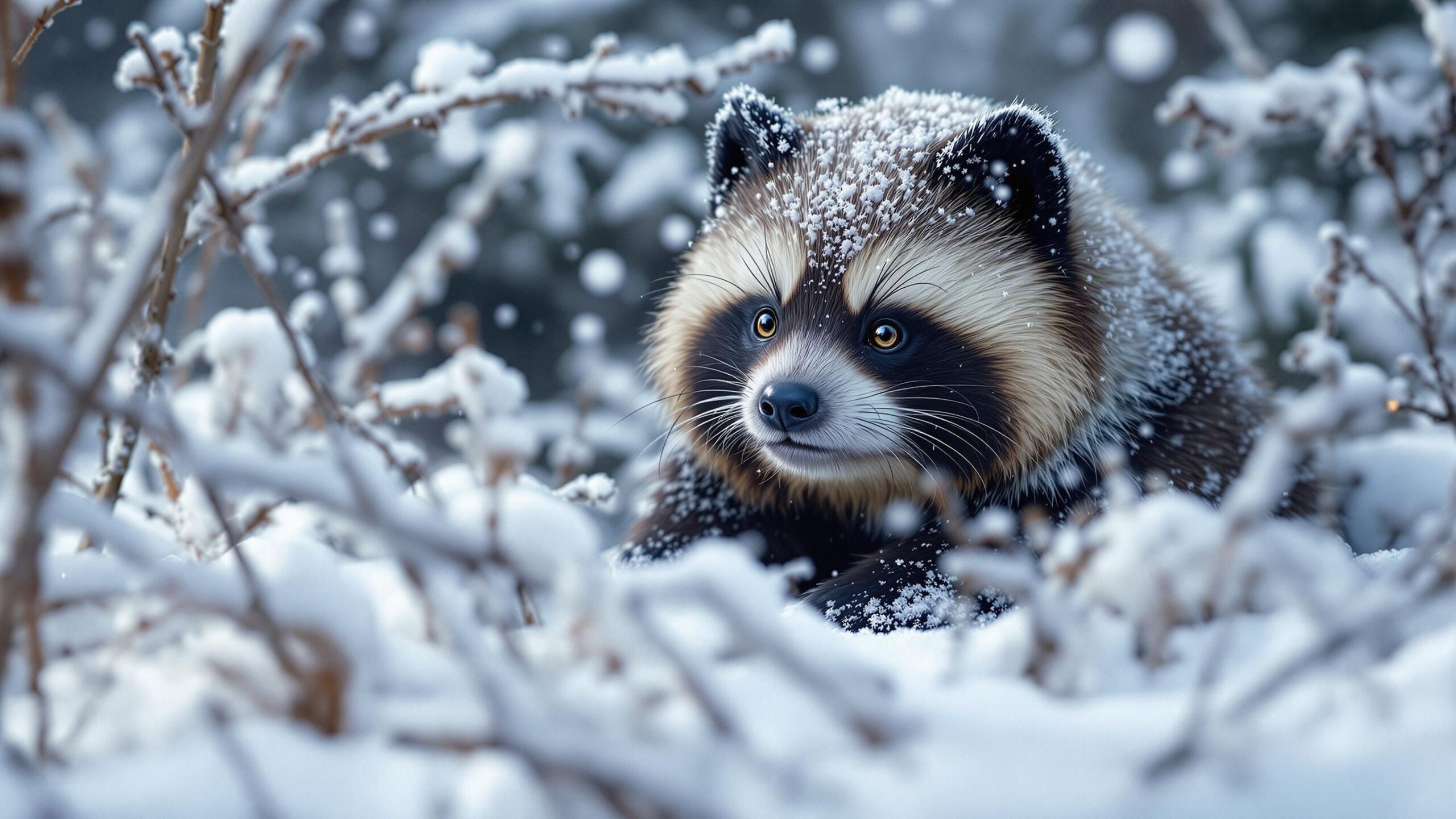 Raccoon dog in the snow
