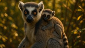 Ring-tailed lemur with baby on back