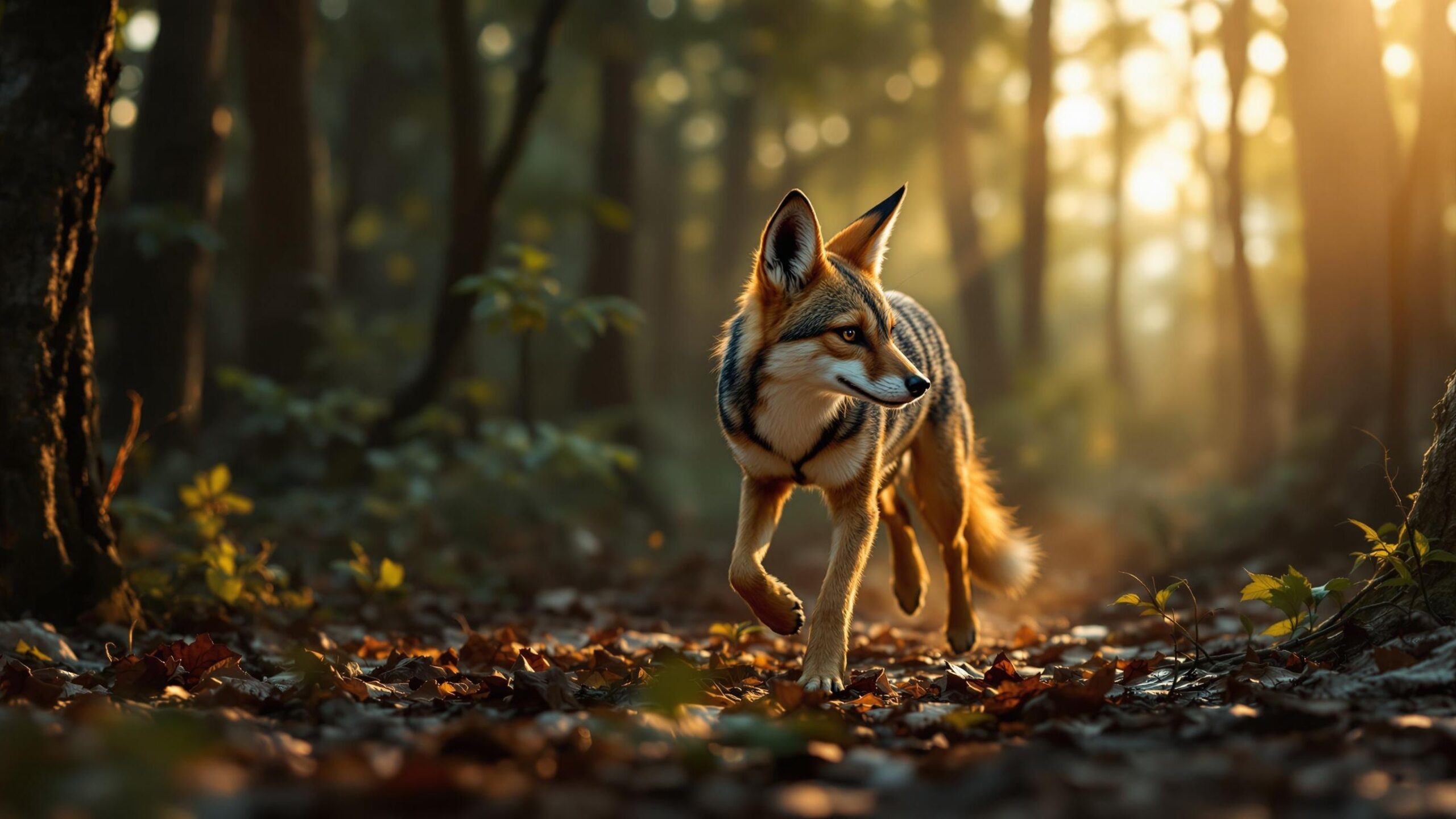 Side striped jackal in forest