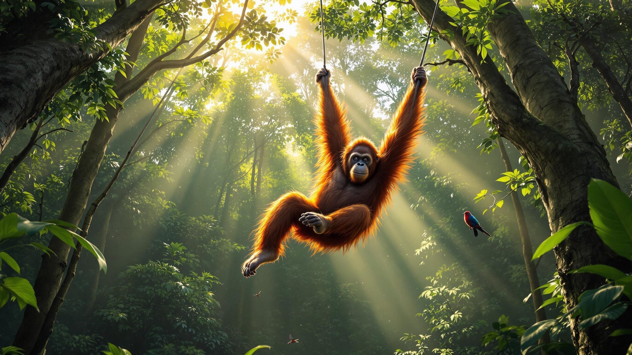 Sumatran Orangutan Swinging in trees
