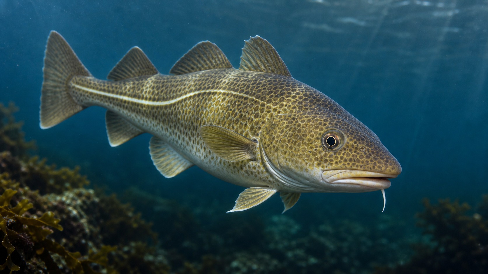 Atlantic Cod swimming in softly lit natural aquatic water