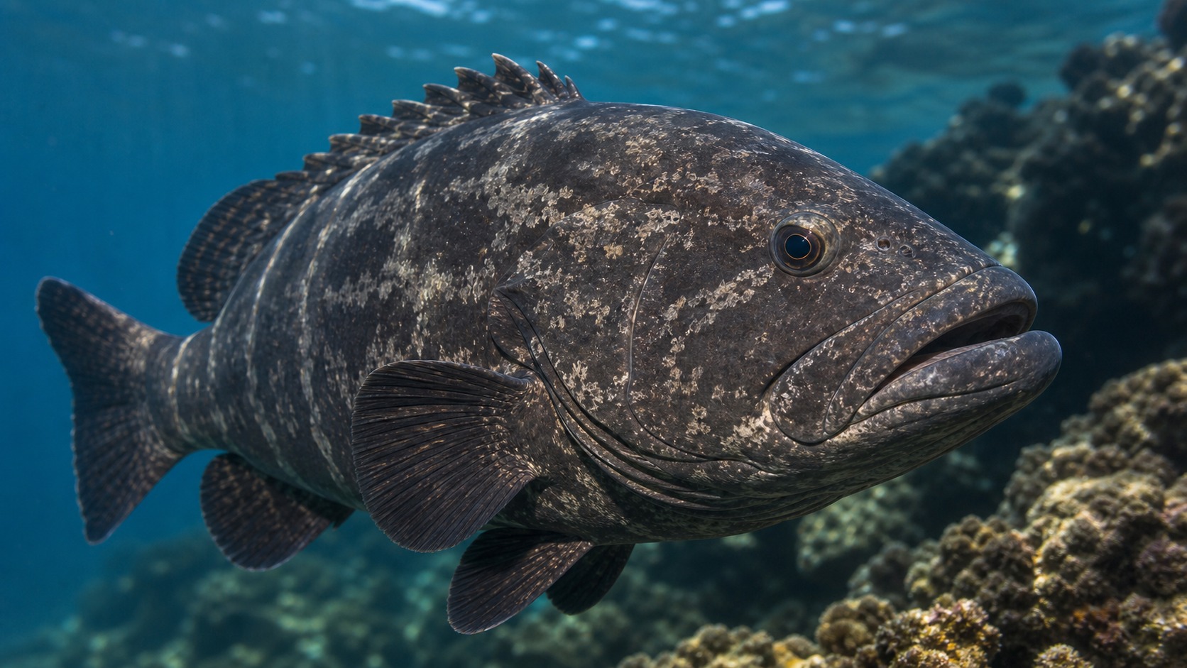 Black Grouper swimming in softly lit natural aquatic water