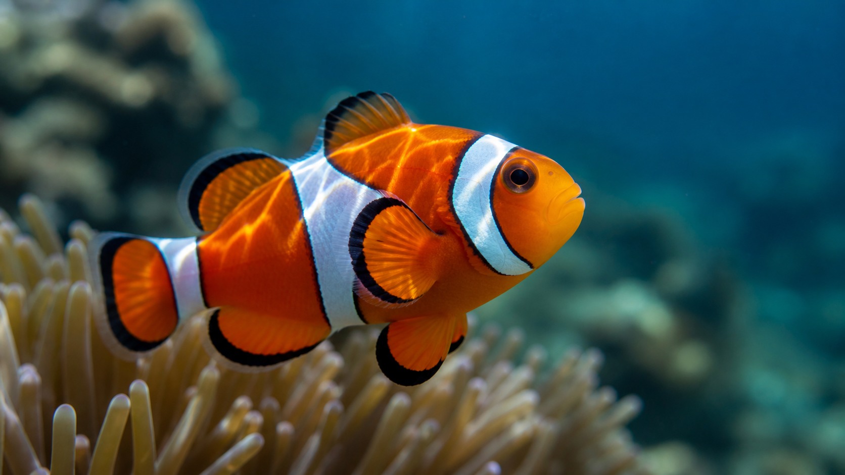 Clownfish swimming in softly lit natural aquatic water