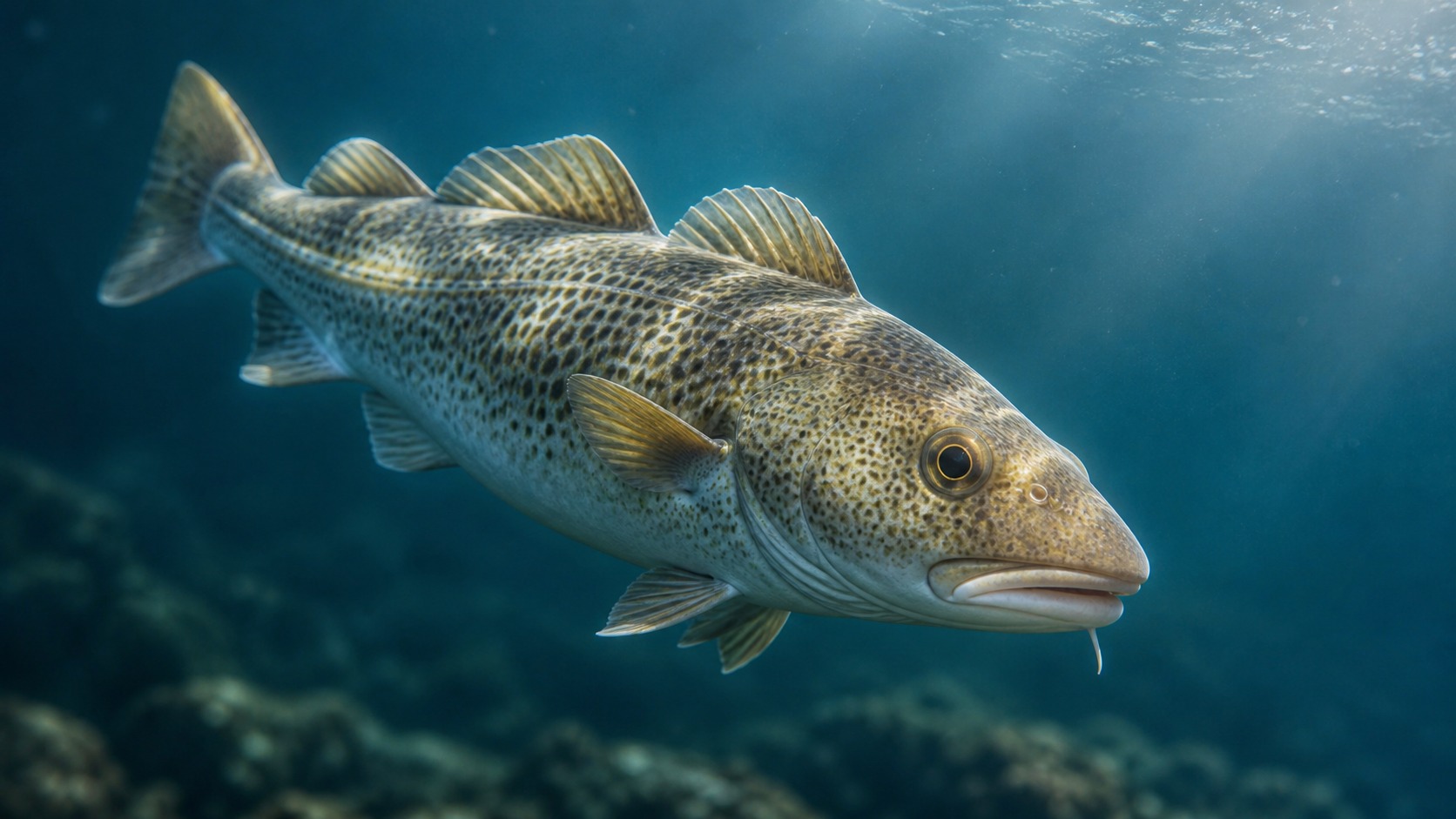 Cod swimming in softly lit natural aquatic water
