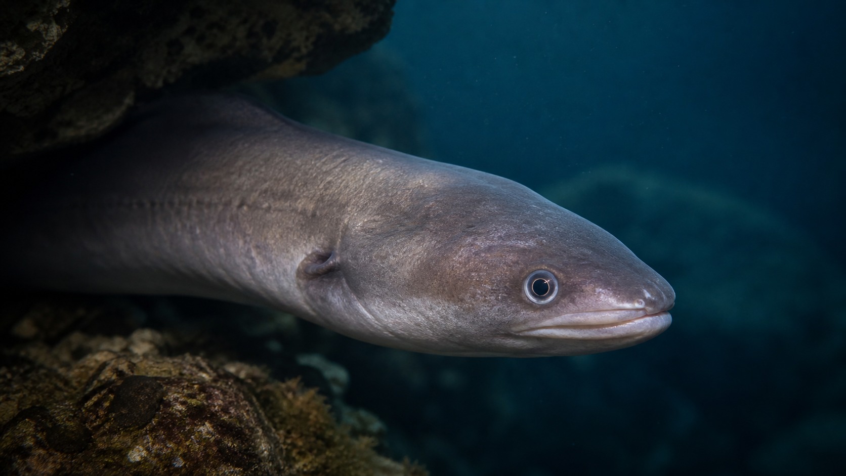 Conger Eel swimming in softly lit natural aquatic water