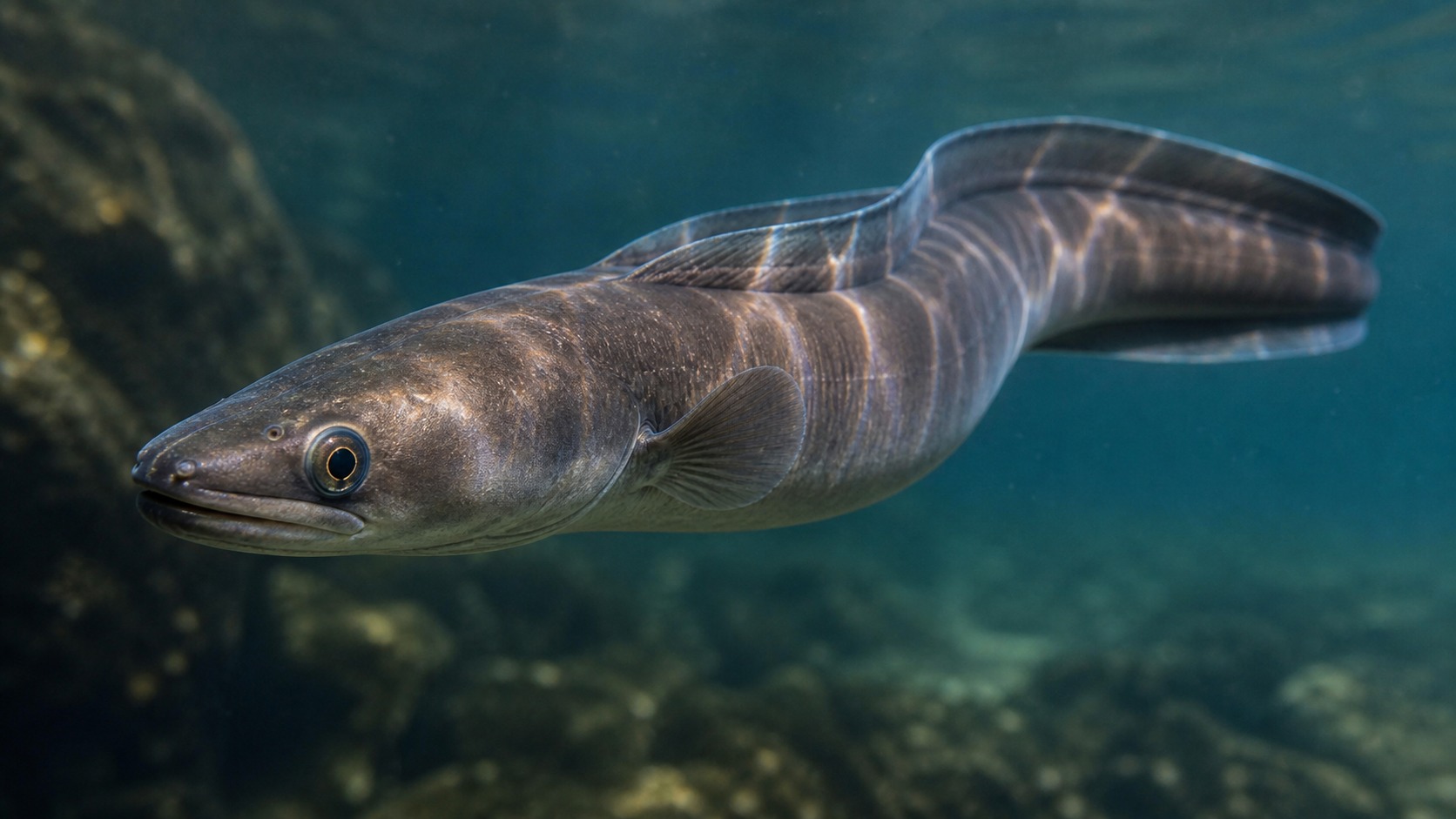 Conger Eel swimming in softly lit natural aquatic water