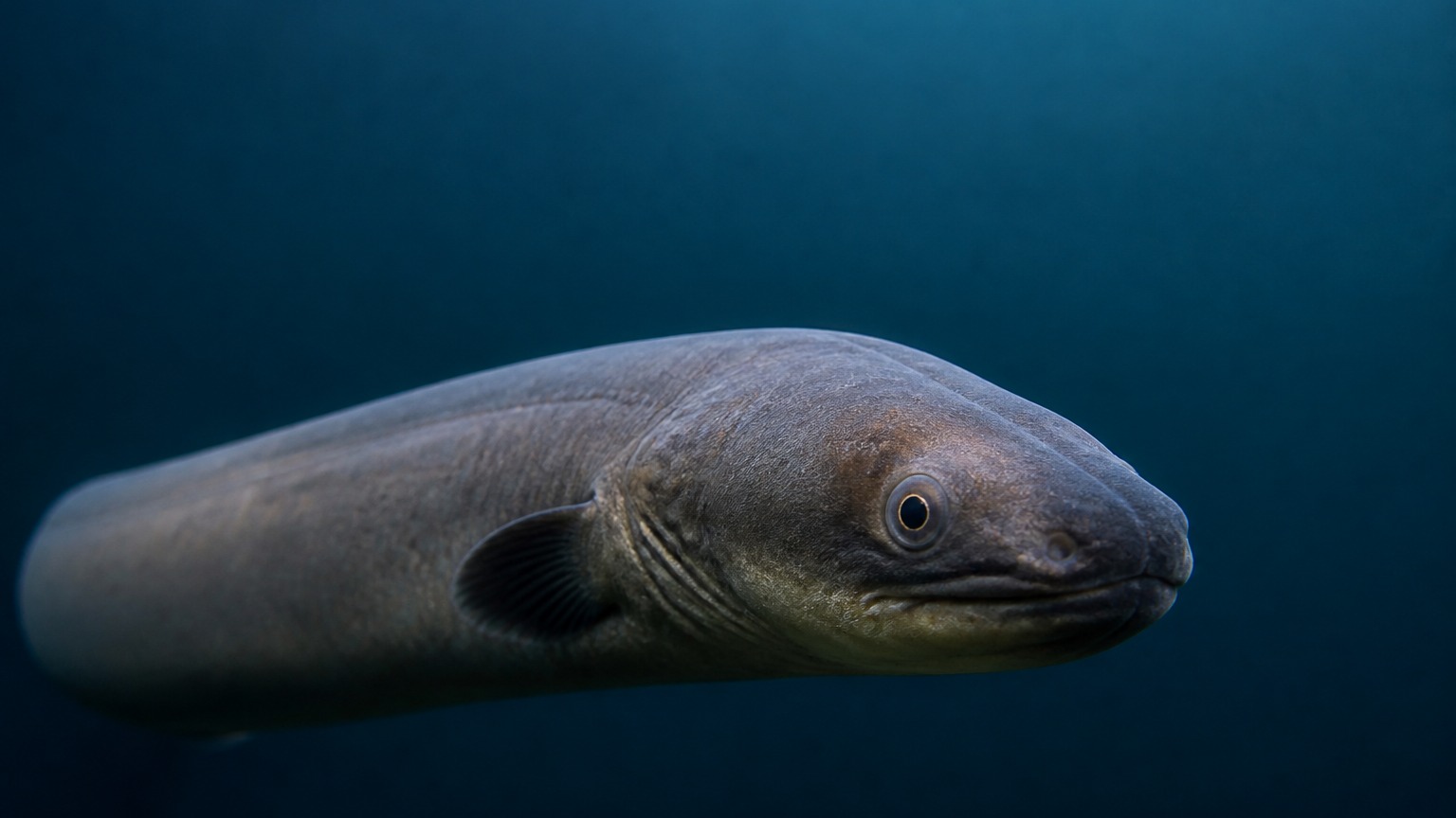Eel swimming in softly lit natural aquatic water