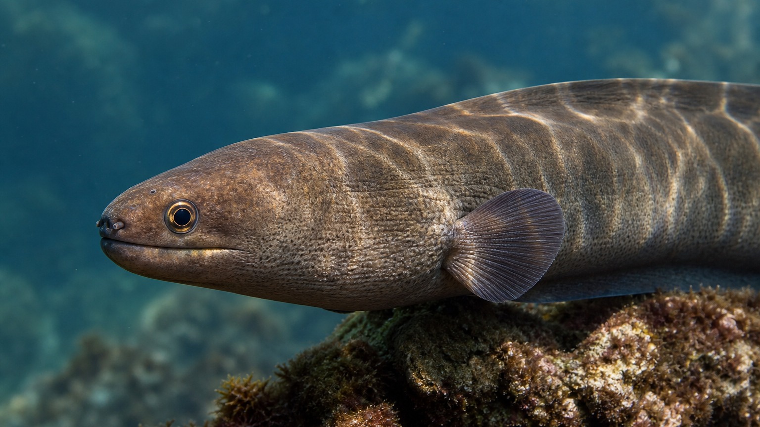 Eel swimming in softly lit natural aquatic water
