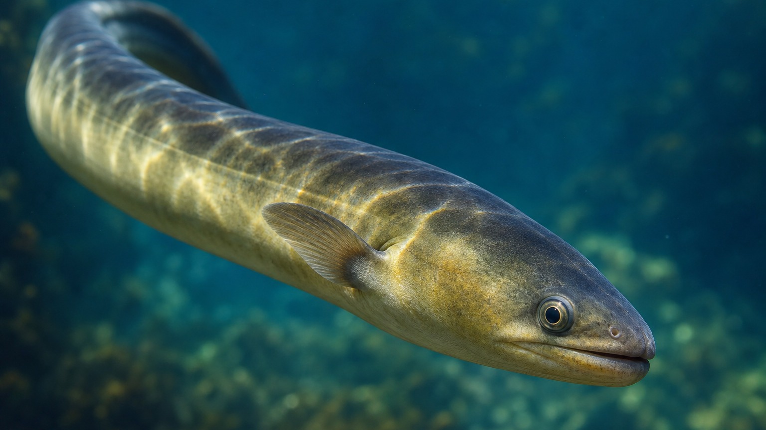 Eel swimming in softly lit natural aquatic water