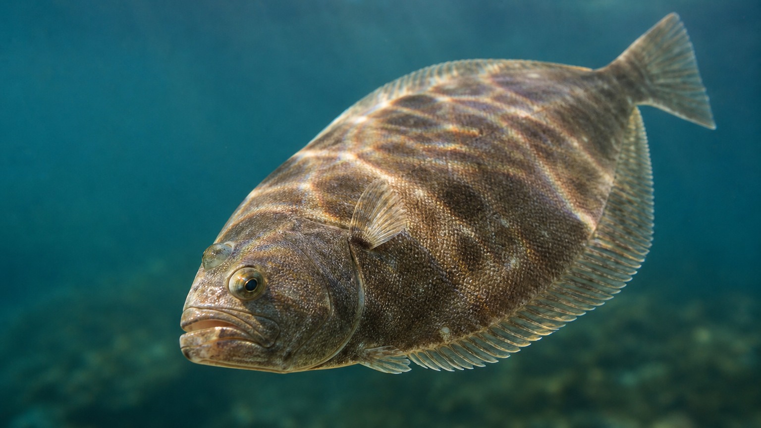 Flounder swimming in softly lit natural aquatic water