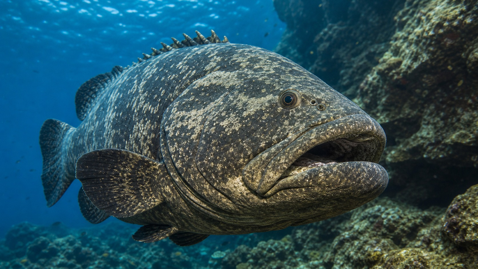Goliath Grouper swimming in softly lit natural aquatic water