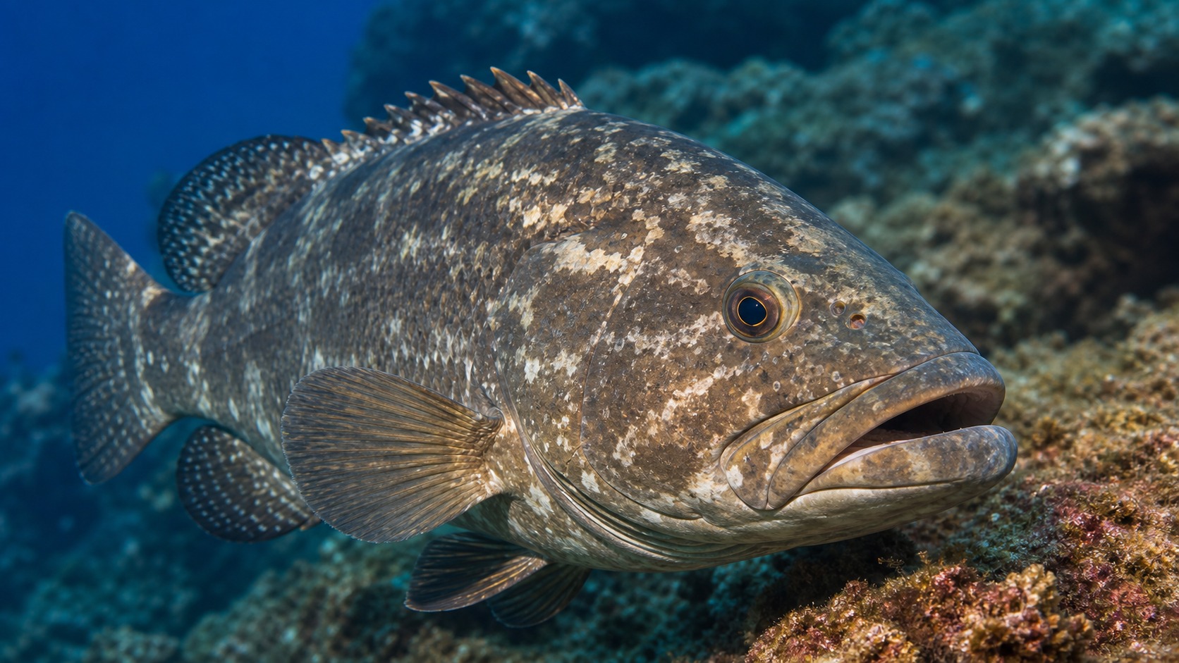 Grouper swimming in softly lit natural aquatic water