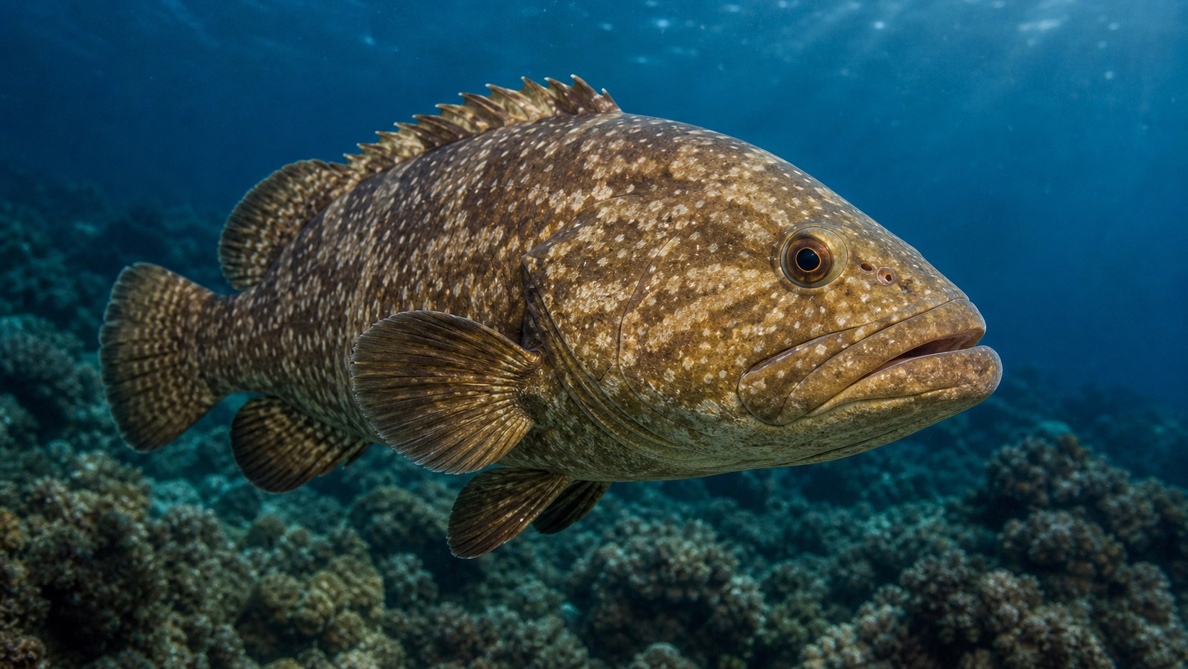 Grouper swimming in softly lit natural aquatic water