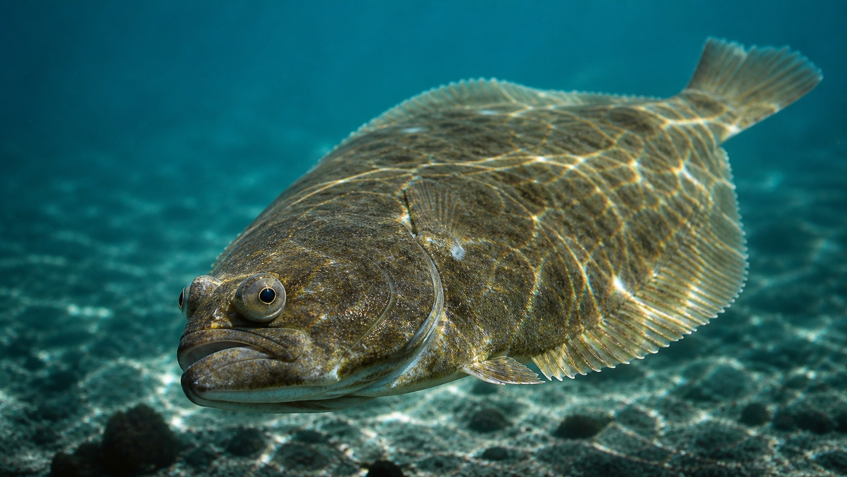 Halibut swimming in softly lit natural aquatic water