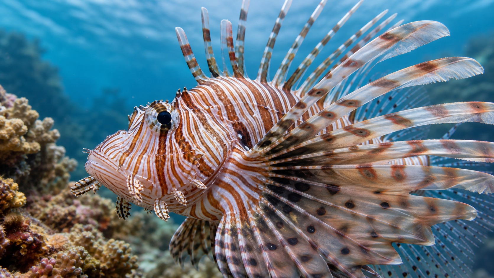 Lionfish swimming in softly lit natural aquatic water