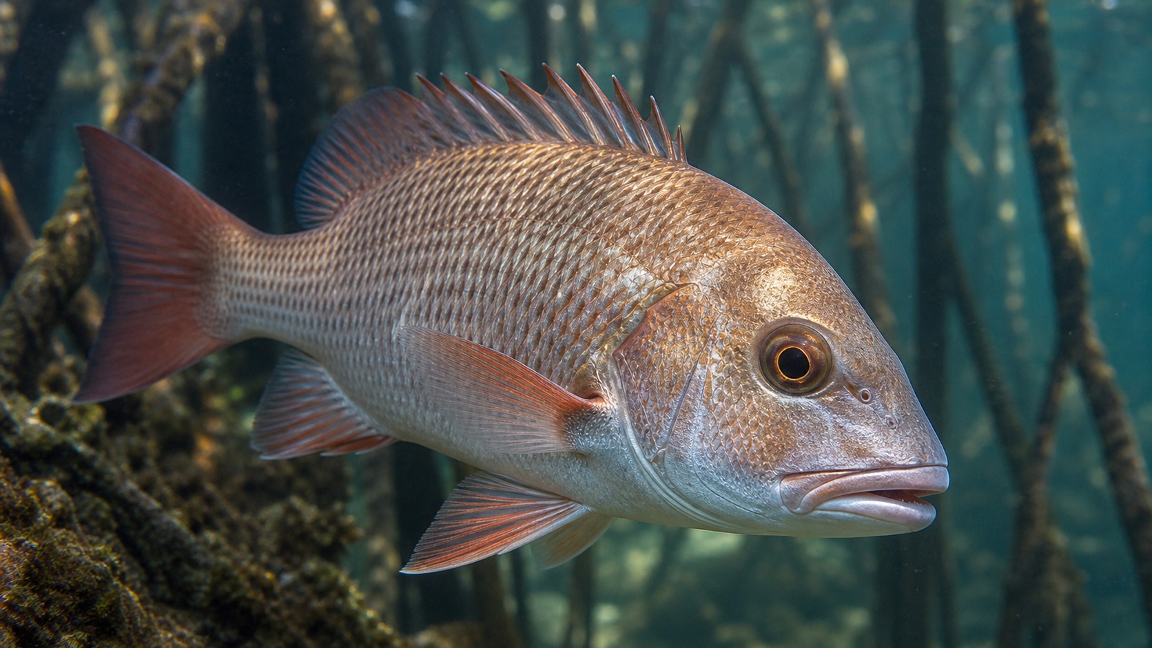 Mangrove Snapper swimming in softly lit natural aquatic water