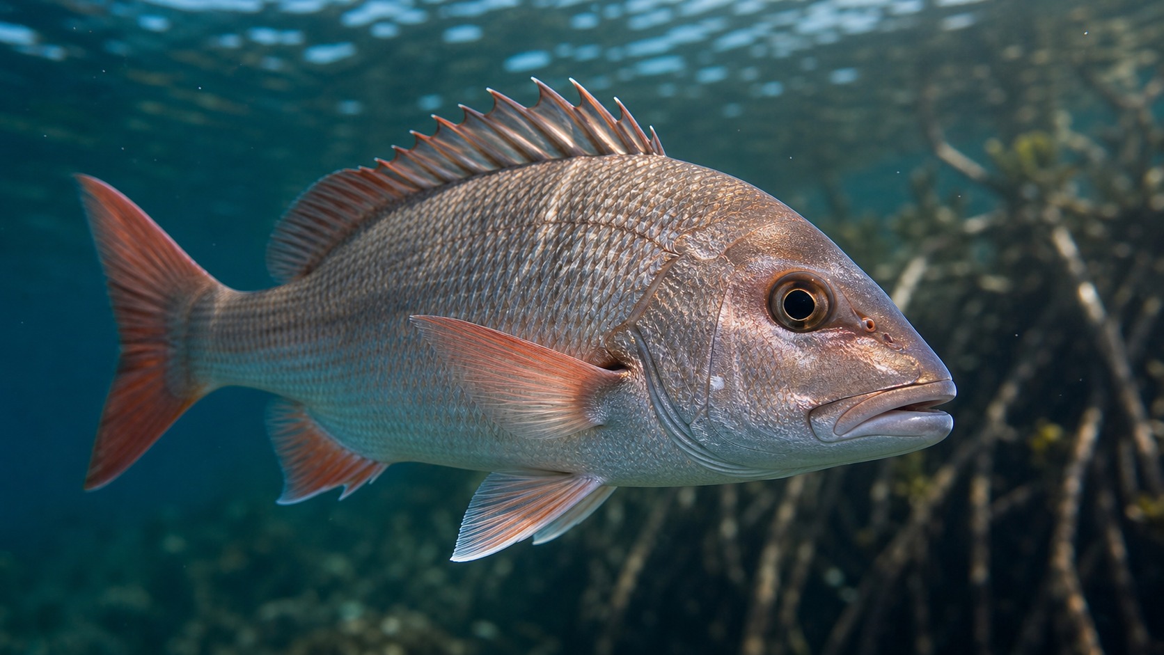 Mangrove Snapper swimming in softly lit natural aquatic water