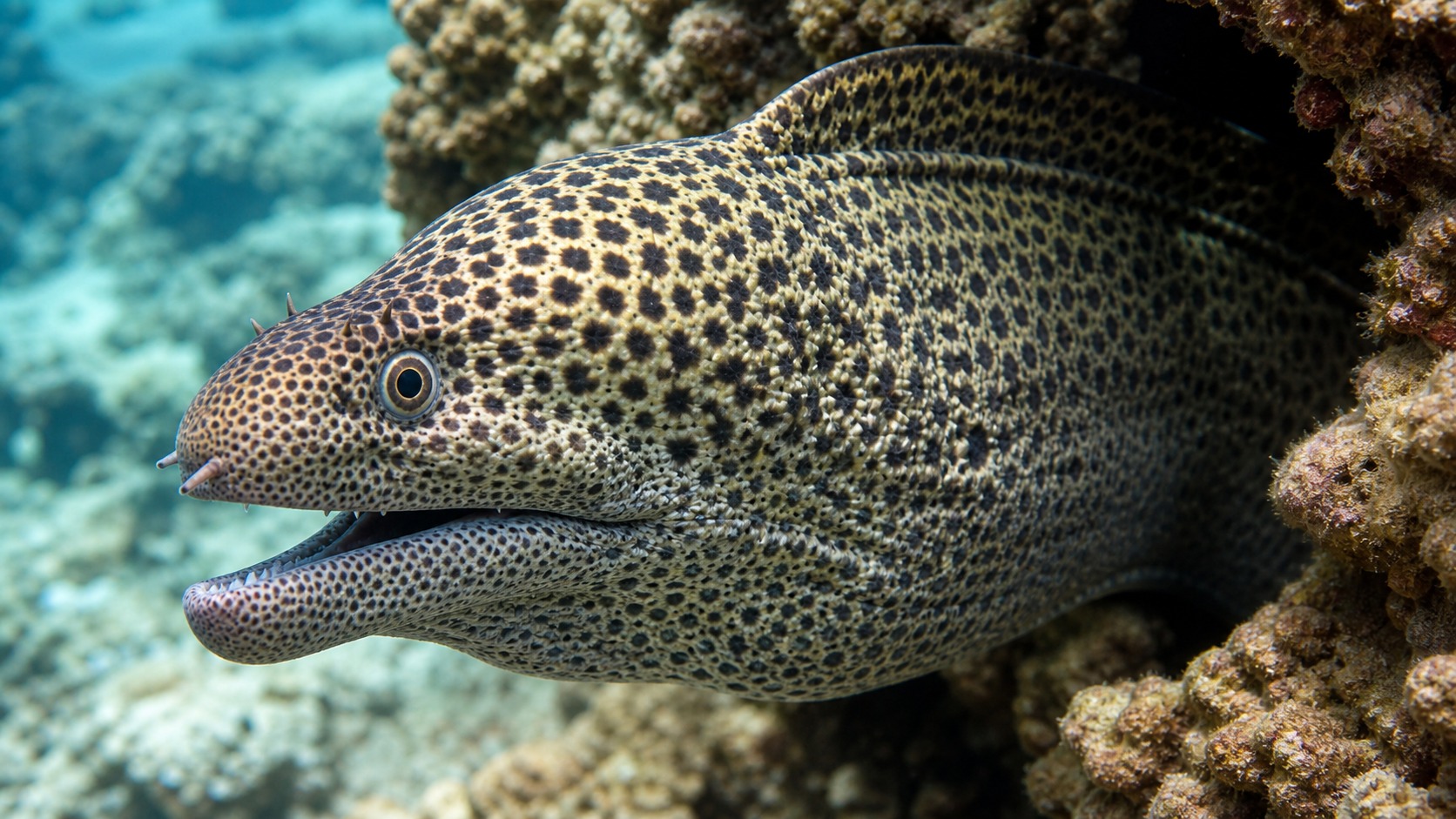 Moray Eel swimming in softly lit natural aquatic water