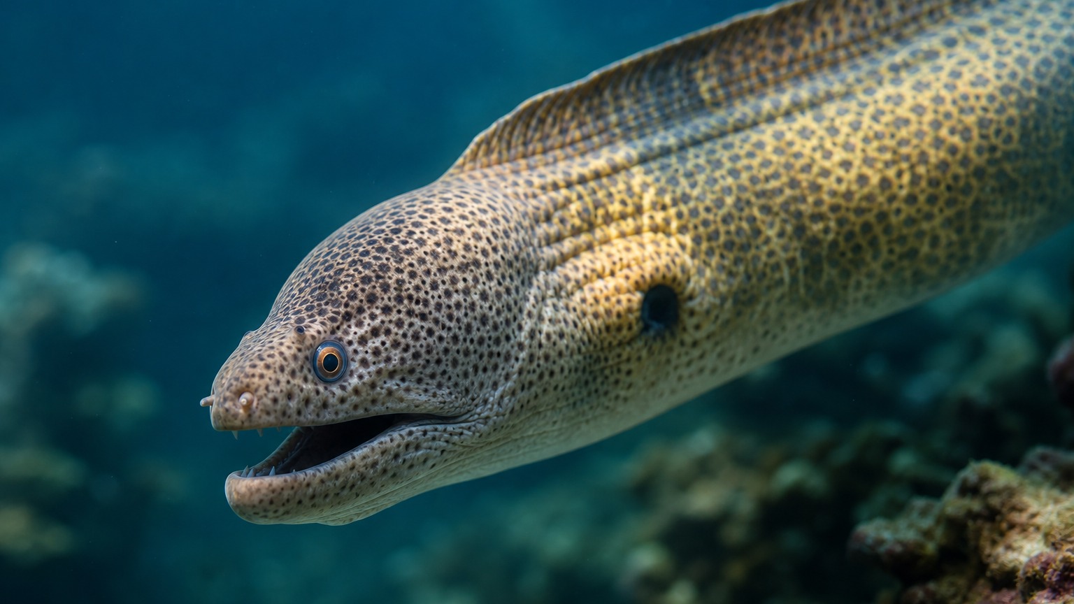 Moray Eel swimming in softly lit natural aquatic water