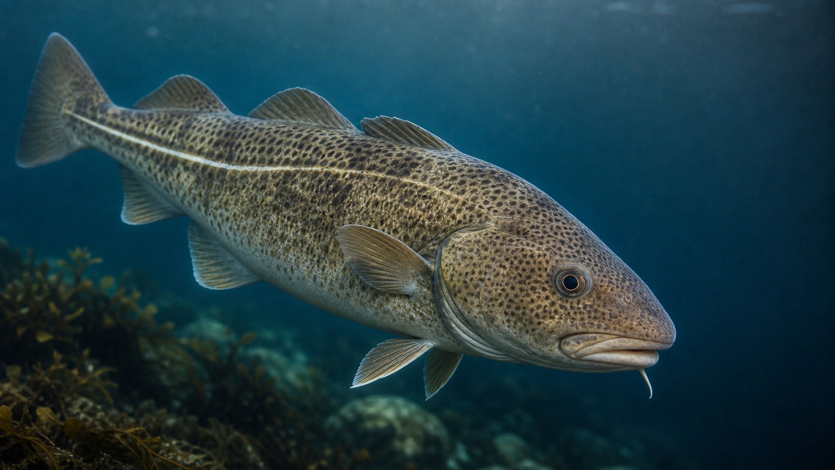 Pacific Cod swimming in softly lit natural aquatic water