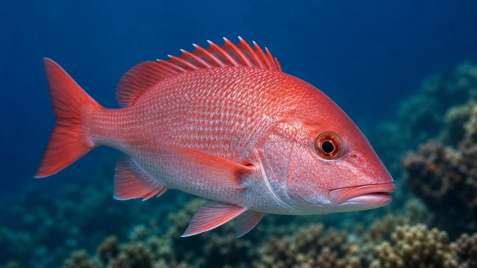 Red Snapper swimming in softly lit natural aquatic water