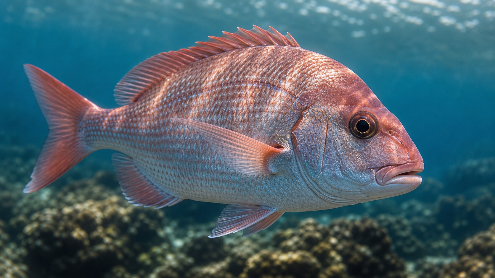 Snapper swimming in softly lit natural aquatic water