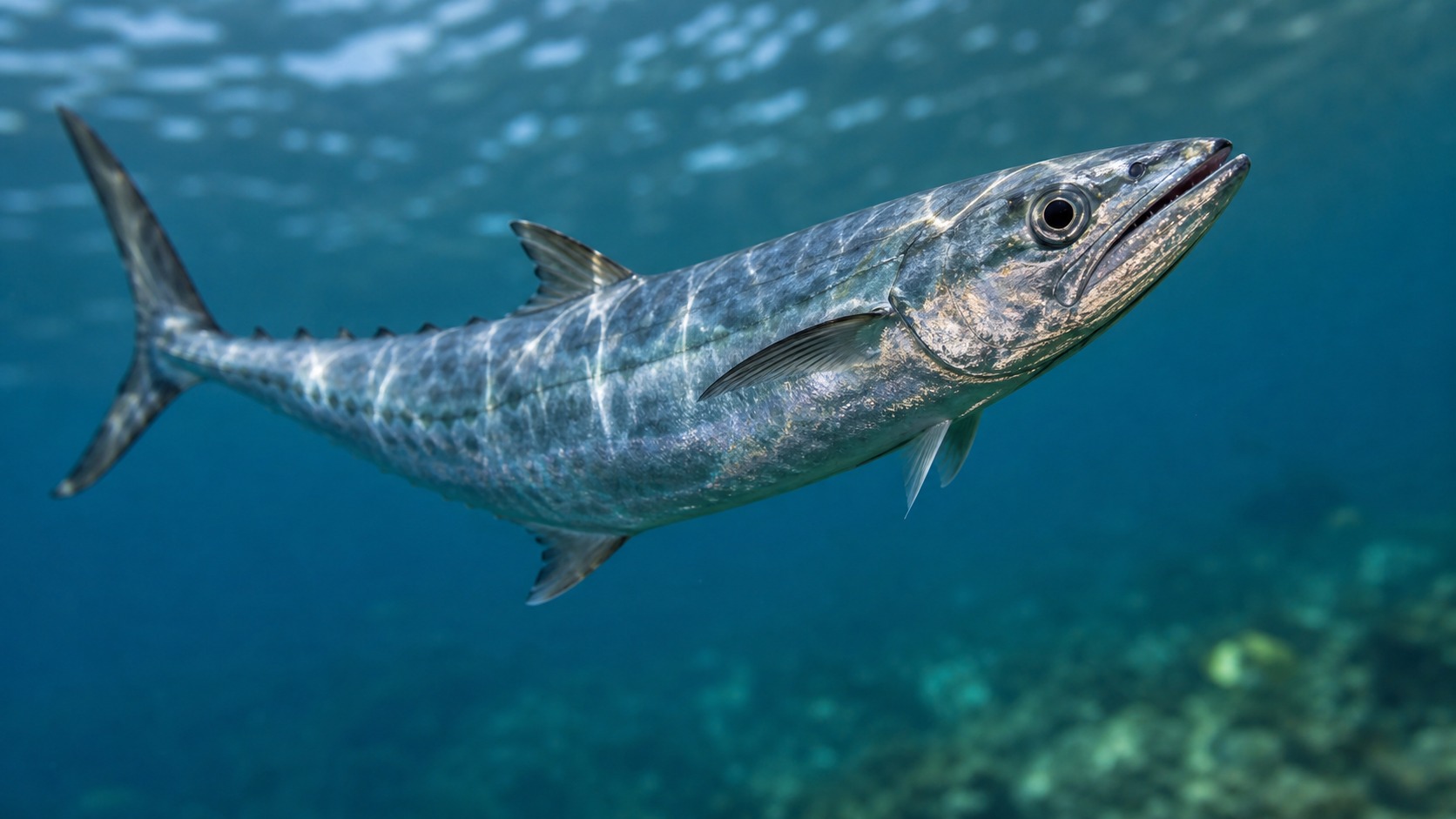 Spanish Mackerel swimming in softly lit natural aquatic water