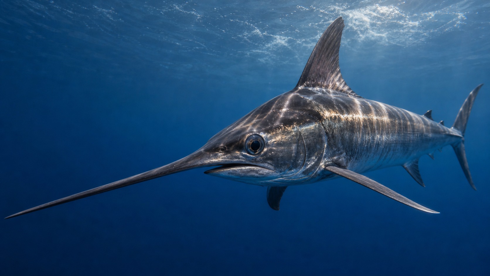 Swordfish swimming in softly lit natural aquatic water